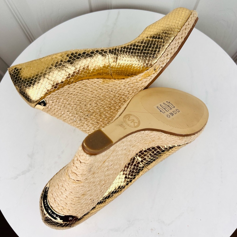 MICHAEL KORS Gold Leather Espadrille Wedge Slip On Peep Toes Pumps Shoes - Picture 11 of 11